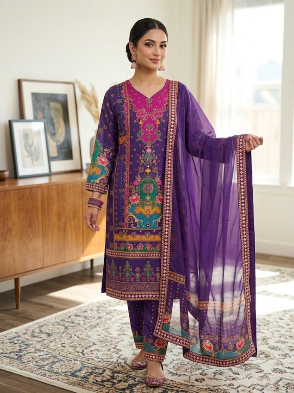 Women's 3-Piece Purple Floral Print Kurta Set, Traditional Ethnic Tunic Suit wit